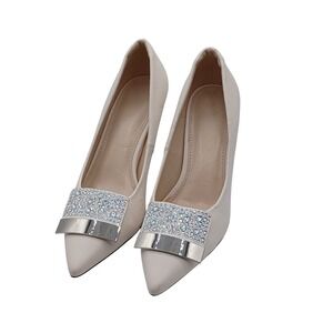 Pointed Toe Pumps Womens 7 Cream Good Rhinestone Buckle Stiletto Heel Prom Dance